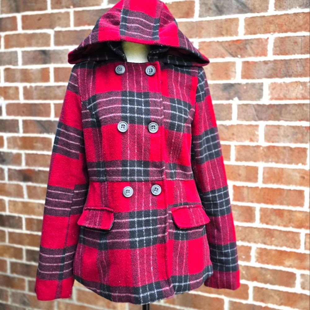 Aeropostale Red Black Plaid Hooded Pea Coat Cozy Double Breasted Winter Jacket M